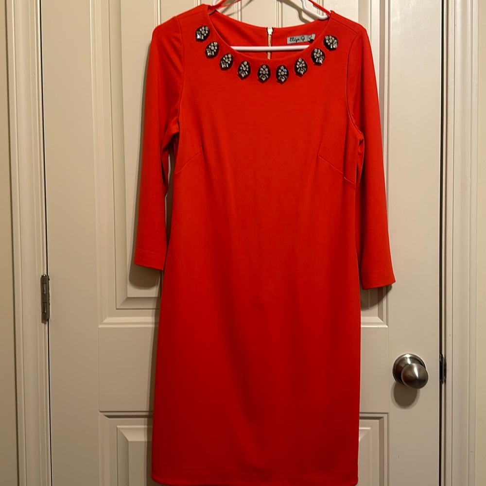 Red dress by ELIZA J with pretty jewels on front!